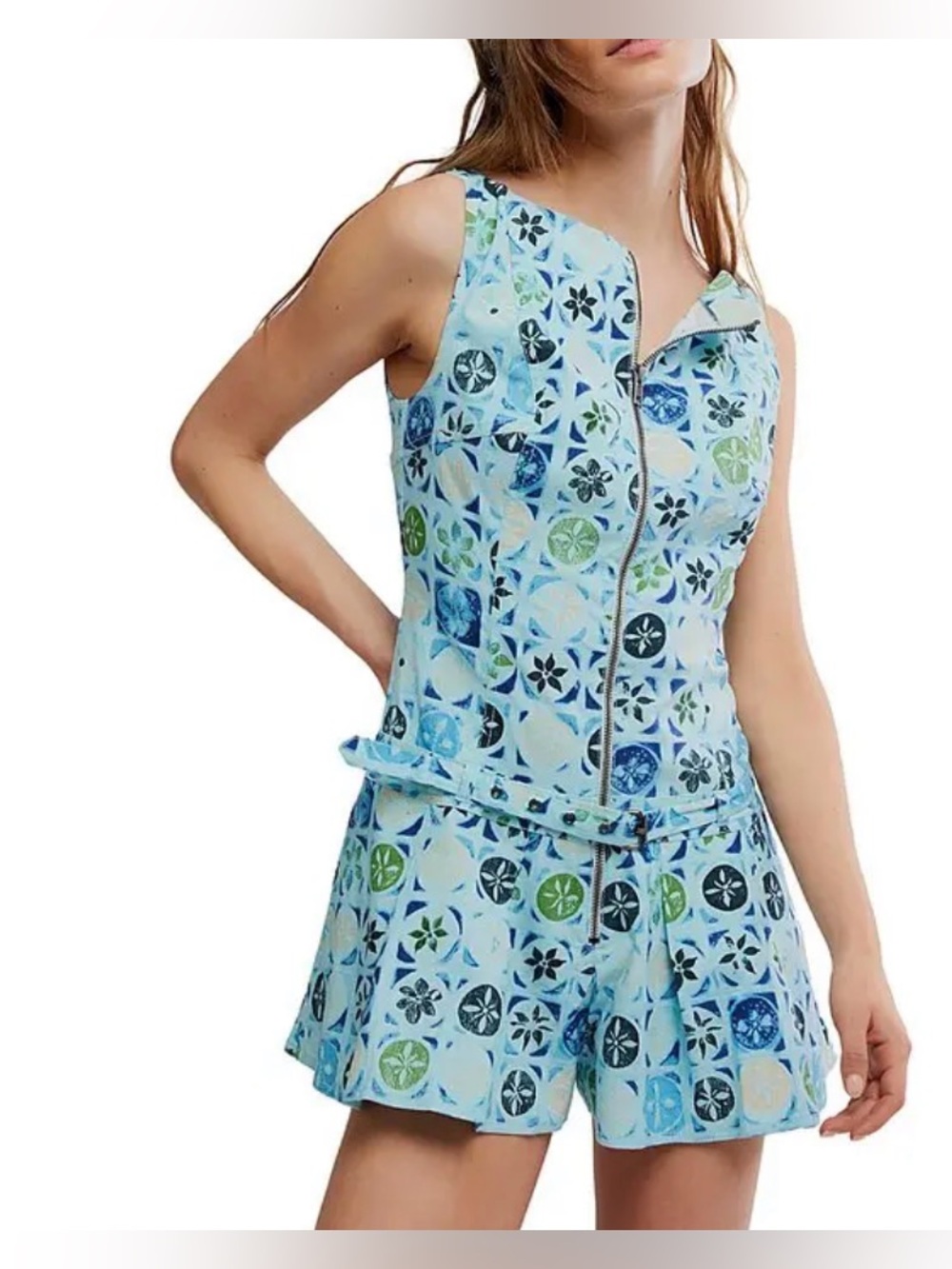 NWT Free People Dune Dancer Printed Romper in Color:Sky Blue Combo